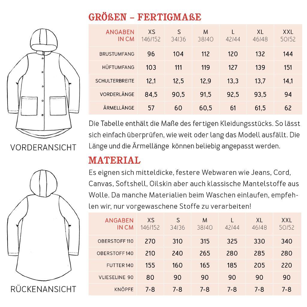 Papierschnittmuster gefütterter Parka Frau Karo XS-XXL